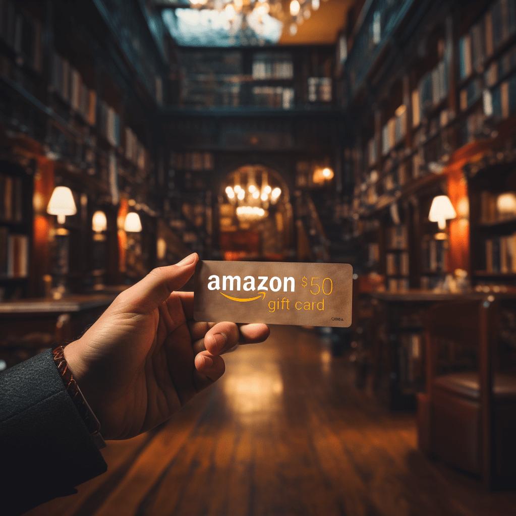 A hand holding a $50 amazon gift card in a library