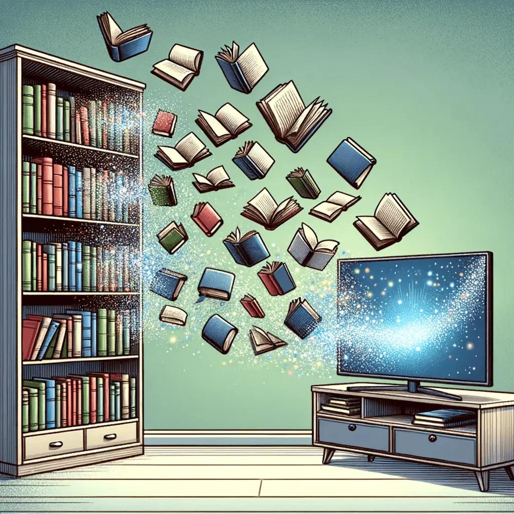 books that float from a bookshelf into a TV